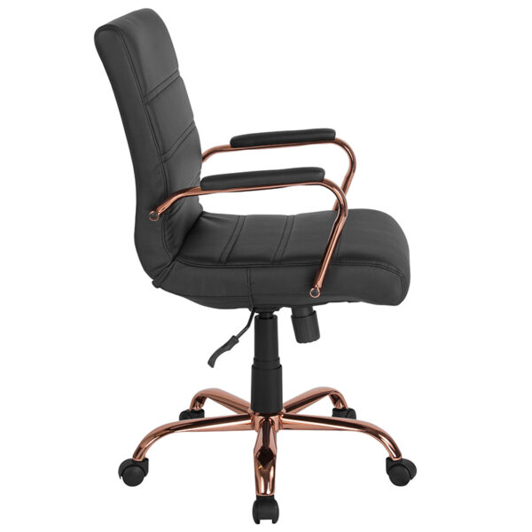 Lowest Price Mid-Back Black Leather Executive Swivel Office Chair with Rose Gold Frame and Arms