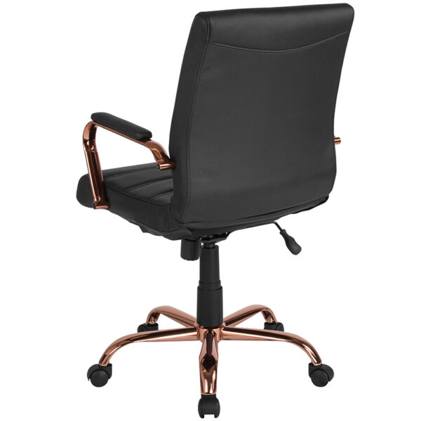 Contemporary Executive Office Chair with Padded Rose Gold Metal Arms Black Mid-Back Leather Chair