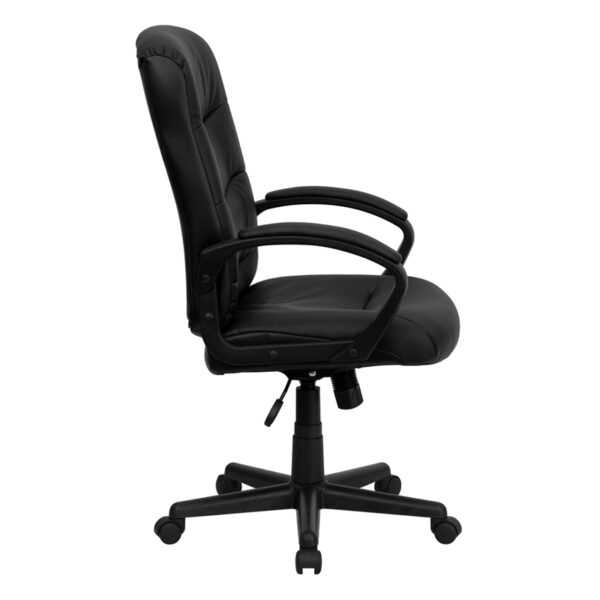 Lowest Price Mid-Back Black Leather Executive Swivel Office Chair with Three Line Horizontal Stitch Back and Arms