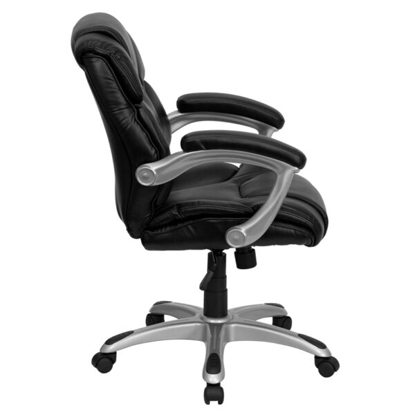 Lowest Price Mid-Back Black Leather Layered Upholstered Executive Swivel Ergonomic Office Chair with Silver Nylon Base and Arms