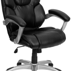Wholesale Mid-Back Black Leather Layered Upholstered Executive Swivel Ergonomic Office Chair with Silver Nylon Base and Arms