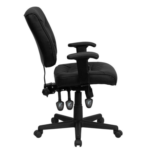 Lowest Price Mid-Back Black Leather Multifunction Swivel Ergonomic Task Office Chair with Adjustable Arms