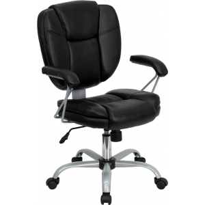 Wholesale Mid-Back Black Leather Swivel Task Office Chair with Pillow Top Cushioning and Platinum Epoxy Base & Arms