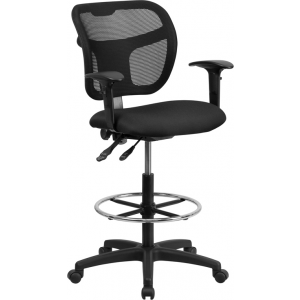 Wholesale Mid-Back Black Mesh Drafting Chair with Back Height Adjustment and Adjustable Arms