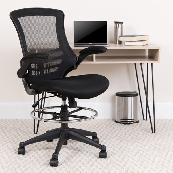 Lowest Price Mid-Back Black Mesh Ergonomic Drafting Chair with Adjustable Foot Ring and Flip-Up Arms