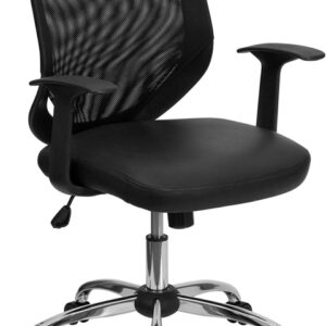 Wholesale Mid-Back Black Mesh Tapered Back Swivel Task Office Chair with Leather Seat