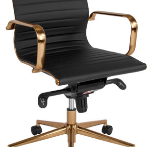 Wholesale Mid-Back Black Ribbed Leather Executive Swivel Office Chair with Gold Frame