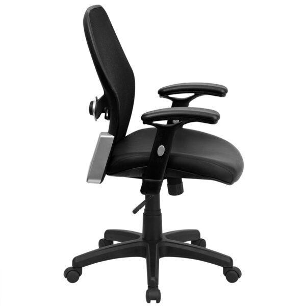 Lowest Price Mid-Back Black Super Mesh Executive Swivel Office Chair with Leather Seat and Adjustable Lumbar & Arms