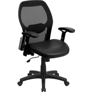 Wholesale Mid-Back Black Super Mesh Executive Swivel Office Chair with Leather Seat and Adjustable Lumbar & Arms