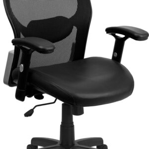 Wholesale Mid-Back Black Super Mesh Executive Swivel Office Chair with Leather Seat and Adjustable Lumbar & Arms
