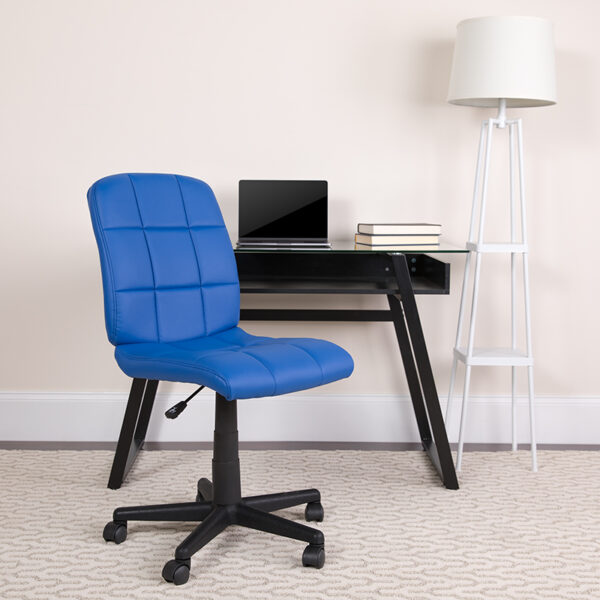 Lowest Price Mid-Back Blue Quilted Vinyl Swivel Task Office Chair