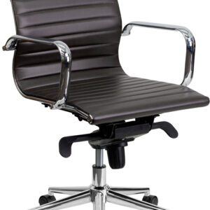 Wholesale Mid-Back Brown Ribbed Leather Swivel Conference Office Chair with Knee-Tilt Control and Arms