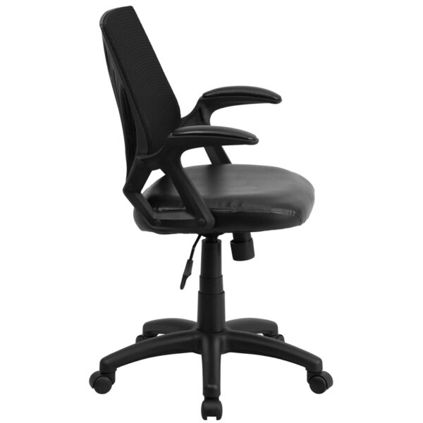 Lowest Price Mid-Back Designer Black Mesh Swivel Task Office Chair with Leather Seat and Open Arms