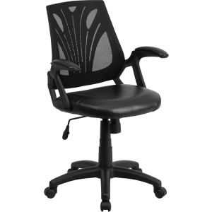 Wholesale Mid-Back Designer Black Mesh Swivel Task Office Chair with Leather Seat and Open Arms