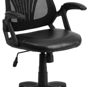 Wholesale Mid-Back Designer Black Mesh Swivel Task Office Chair with Leather Seat and Open Arms