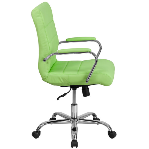 Lowest Price Mid-Back Green Vinyl Executive Swivel Office Chair with Chrome Base and Arms