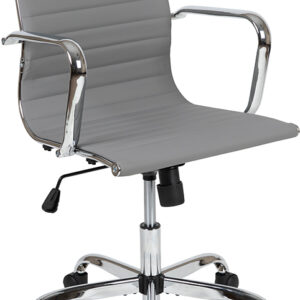 Wholesale Mid-Back Light Gray LeatherSoft Mid-Century Modern Ribbed Swivel Office Chair with Spring-Tilt Control and Arms