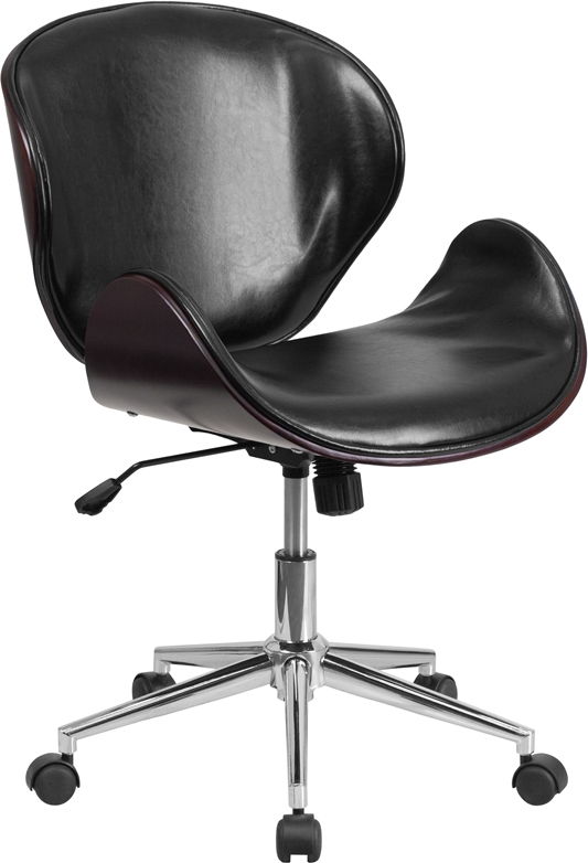 Wholesale Mid-Back Mahogany Wood Conference Office Chair in Black Leather