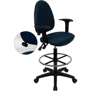 Wholesale Mid-Back Navy Blue Fabric Multifunction Ergonomic Drafting Chair with Adjustable Lumbar Support & Adjustable Arms