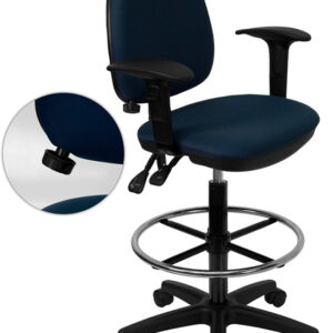 Wholesale Mid-Back Navy Blue Fabric Multifunction Ergonomic Drafting Chair with Adjustable Lumbar Support & Adjustable Arms
