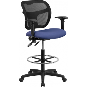 Wholesale Mid-Back Navy Blue Mesh Drafting Chair with Back Height Adjustment and Adjustable Arms