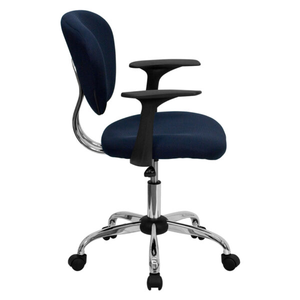 Lowest Price Mid-Back Navy Mesh Padded Swivel Task Office Chair with Chrome Base and Arms