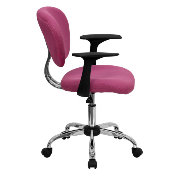Lowest Price Mid-Back Pink Mesh Padded Swivel Task Office Chair with Chrome Base and Arms