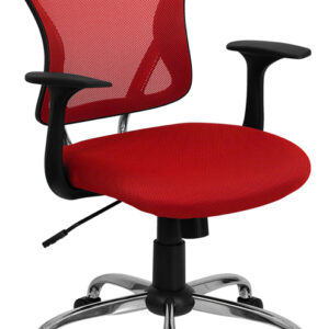 Wholesale Mid-Back Red Mesh Swivel Task Office Chair with Chrome Base and Arms