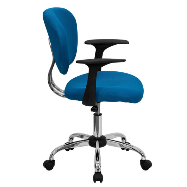 Lowest Price Mid-Back Turquoise Mesh Padded Swivel Task Office Chair with Chrome Base and Arms