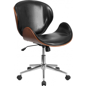 Wholesale Mid-Back Walnut Wood Conference Office Chair in Black Leather