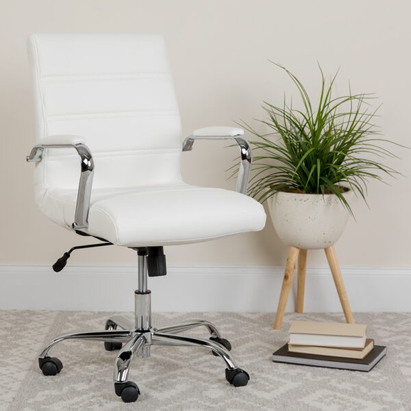 Lowest Price Mid-Back White Leather Executive Swivel Office Chair with Chrome Base and Arms