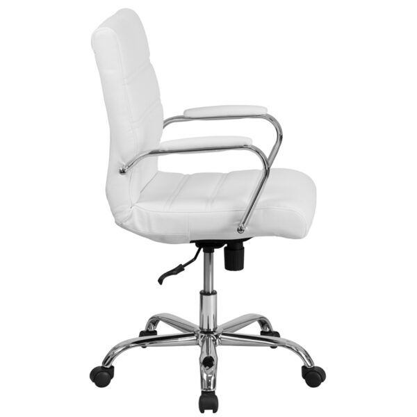 Contemporary Executive Office Chair with Padded Chrome Arms White Mid-Back Leather Chair