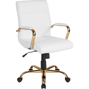 Wholesale Mid-Back White Leather Executive Swivel Office Chair with Gold Frame and Arms