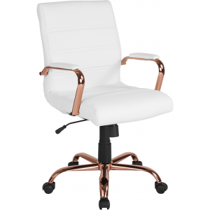 Wholesale Mid-Back White Leather Executive Swivel Office Chair with Rose Gold Frame and Arms