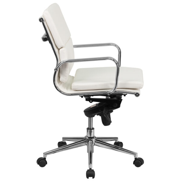 Lowest Price Mid-Back White Leather Executive Swivel Office Chair with Synchro-Tilt Mechanism and Arms