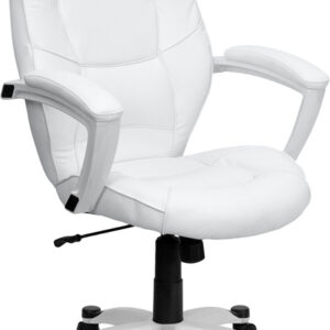 Wholesale Mid-Back White Leather Tapered Back Executive Swivel Office Chair with White Base and Arms