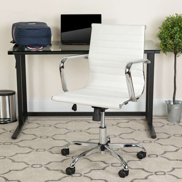 Lowest Price Mid-Back White LeatherSoft Mid-Century Modern Ribbed Swivel Office Chair with Spring-Tilt Control and Arms