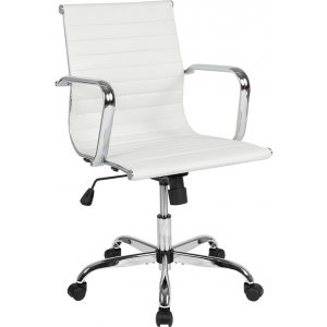 Wholesale Mid-Back White LeatherSoft Mid-Century Modern Ribbed Swivel Office Chair with Spring-Tilt Control and Arms