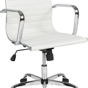 Wholesale Mid-Back White LeatherSoft Mid-Century Modern Ribbed Swivel Office Chair with Spring-Tilt Control and Arms