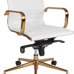 Wholesale Mid-Back White Ribbed Leather Executive Swivel Office Chair with Gold Frame