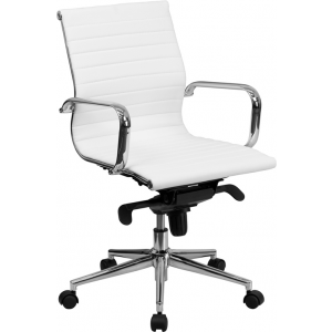Wholesale Mid-Back White Ribbed Leather Swivel Conference Office Chair with Knee-Tilt Control and Arms