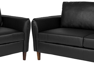 Wholesale Milton Park Upholstered Plush Pillow Back Loveseat and Sofa Set in Black Leather