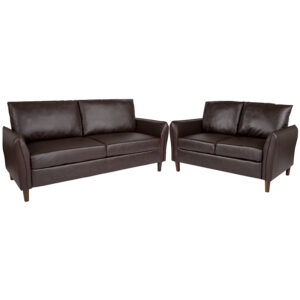 Wholesale Milton Park Upholstered Plush Pillow Back Loveseat and Sofa Set in Brown Leather