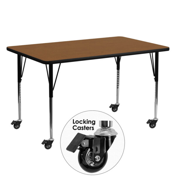 Wholesale Mobile 24''W x 60''L Rectangular Oak HP Laminate Activity Table - Standard Height Adjustable Legs