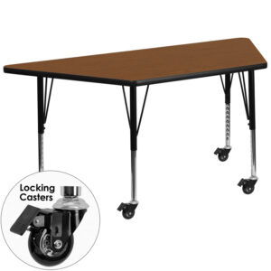 Wholesale Mobile 25''W x 45''L Trapezoid Oak HP Laminate Activity Table - Height Adjustable Short Legs