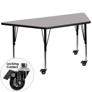 Wholesale Mobile 29.5''W x 57.25''L Trapezoid Grey HP Laminate Activity Table - Height Adjustable Short Legs