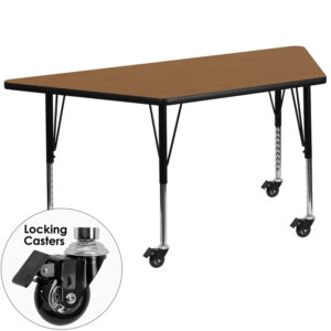 Wholesale Mobile 29.5''W x 57.25''L Trapezoid Oak Thermal Laminate Activity Table - Height Adjustable Short Legs