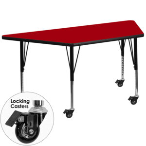 Wholesale Mobile 29.5''W x 57.25''L Trapezoid Red Thermal Laminate Activity Table - Height Adjustable Short Legs