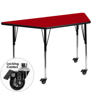 Wholesale Mobile 29.5''W x 57.25''L Trapezoid Red Thermal Laminate Activity Table - Standard Height Adjustable Legs