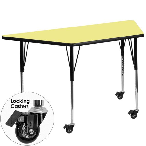 Wholesale Mobile 29.5''W x 57.25''L Trapezoid Yellow Thermal Laminate Activity Table - Standard Height Adjustable Legs